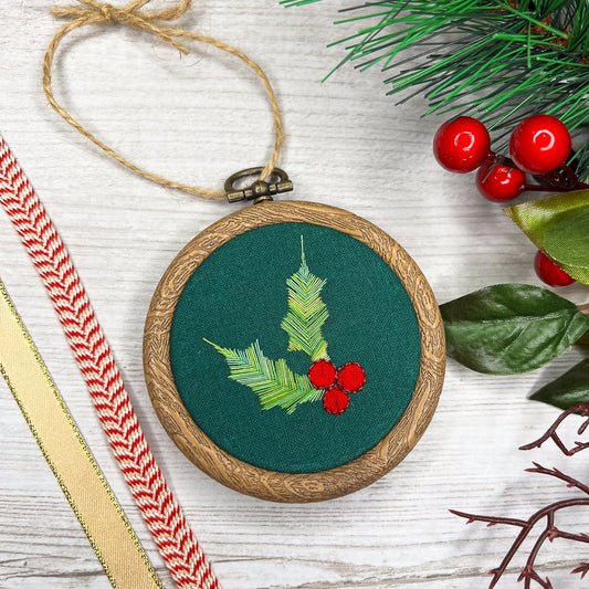 Christmas holly embroidered hoop
