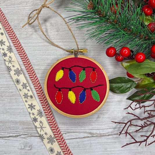 Christmas lights embroidered hoop
