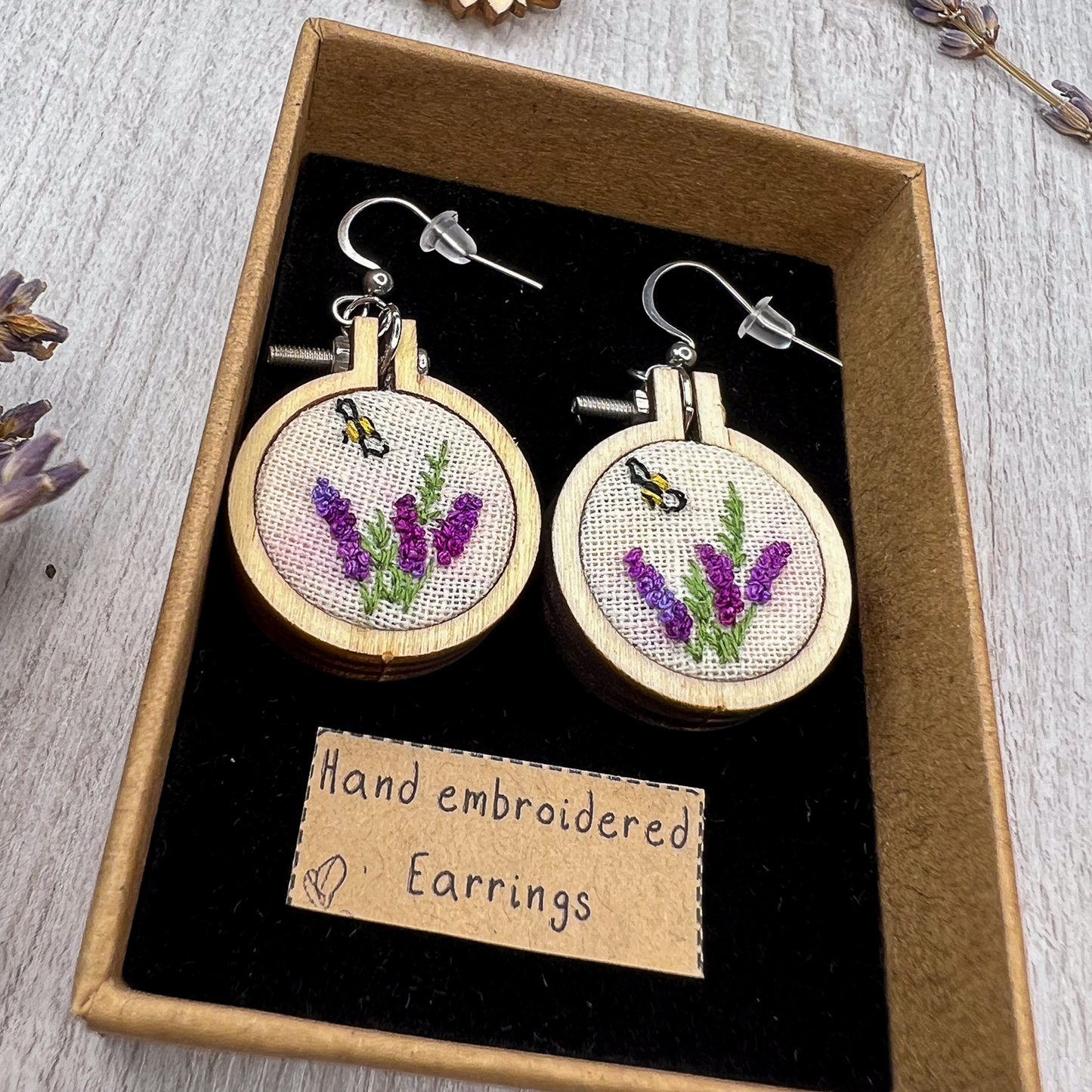 Lavender and Bee embroidered earrings | Embroidered earrings | lavender earrings | mini embroidery |